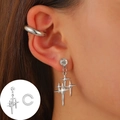 Set de boucles d'oreilles étoiles argentées et ear cuff avec strass brillants - Ensemble de Boucles d'Oreilles Argent Étoile Strass (7606)
