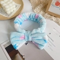 Blue and pink tie-dye plush bow headband for face washing and makeup routines - Blue Strawberry Print
