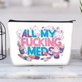 Detailansicht der All My Fucking Meds Canvas-Tasche mit bunten Pillen-Illustrationen - All My Fucking Meds Text (jiayingljb22)