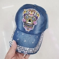 Deep blue denim baseball cap featuring colorful skull embroidery and silver rhinestones - Adult, Adjustable / Denim Blue Large Skull Embroidery