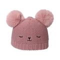 Cappello invernale in maglia rosa per bambine con doppio pompon e ricamo viso di animale - 52-54cm / Rosa