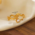 Golden branch ring with hollow leaf pattern and small pearl in stainless steel - Branch Leaf Pearl Style (ZN1503-1085)