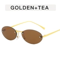Y2K rimless oval sunglasses featuring a golden metal frame and tea colored lenses - Dark Tea Lens
