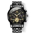 Men's multifunctional luminous quartz watch with black steel strap and golden Roman numerals - Black Band Black Dial