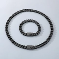 Hip hop black stainless steel Cuban link necklace and bracelet set with box clasp - Bracelet 9mm x 21cm / Genius Club Black