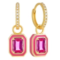 Detail of gold hoop earrings with square pink gemstone and pink enamel accents - Pink Rectangular Emerald Cut Hoop / Gold/Pink
