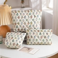 Three-piece quilted floral makeup bag set showing various sizes for travel storage - Small (17*12*5.5) / Green Floral (Cream White)