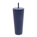 Double-walled plastic straw cup with a matte dark blue finish and conical body design - 750ml / Navy Blue