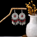 Bohemian ethnic drop earrings in antique silver finish with red bead accents - E5879 Red Leaf Tassel