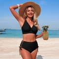 Black two-piece bikini featuring V-neck twist top and high-waisted lace-up cutout bottoms - S / Black