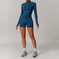 Women's navy blue two-piece yoga set with long sleeve zip top and high waist shorts - S / Jacket + Shorts / Navy Blue