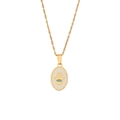 Golden Hamsa hand charm on ivory enamel oval pendant with blue evil eye bead detail - Oval Hamsa Hand Round Disk