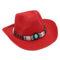 Detail of red straw cowboy hat featuring bohemian turquoise and bead band ornament - Red