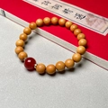 Bamboo style sandalwood bead bracelet with large red agate bead and zircon accents - Sandalwood 8mm with Synthetic Cinnabar