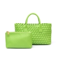 Borsa tote intrecciata verde lime e astuccio con cerniera coordinato in pelle sintetica - Set da 2 pezzi / Verde Fluorescente