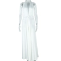 Detail of white halter neck maxi dress featuring deep V-neck and waist tie design - S / White