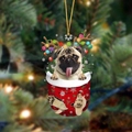 Cute pug puppy in a red Christmas stocking ornament hanging on a festive tree - 15-Pug