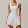 White sleeveless tennis dress with square neck and pleated skirt in minimalist style - S / Swan White