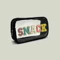 Detailed close-up of a clear PVC snack pouch with colorful Chenille letter embroidery - Chenille Letter Patch (SNACK) / Black
