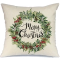 Linen Christmas pillow case with a festive watercolor wreath and Merry Christmas text - A-14
