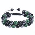 Detail of double-layer beaded bracelet with amethyst, hematite, and adjustable cord - Malachite Bracelet (2 Malachite Beads) / 8mm