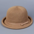 Detail of breathable knit texture and elegant ribbon bow on khaki round dome hat - M(56-58cm) / Camel