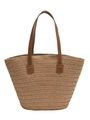 Straw tote bag with brown leather handles and natural fiber woven texture in khaki - Zipper Closure / Khaki