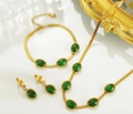 Elegant gold-tone jewelry set featuring emerald green oval gemstones and snake chain design - Three-Piece Set (Necklace + Bracelet + Earrings)