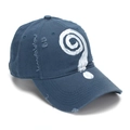 Gros plan de la casquette délavée en coton bleu marine avec motif graffiti spirale - Taille unique / Bleu marine