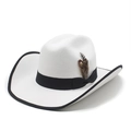 Classic white felt cowboy hat with black ribbon, feathers, and trim on a white background - M (56-58cm) / White with Black Binding