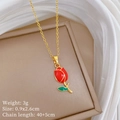 Detail of gold tulip pendant with red flower and green leaves on a 40cm chain - Red Tulip Pendant (D438)