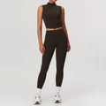 Eng anliegendes Yoga-Set in Dunkelbraun mit Stehkragen-Top und hoher Leggings-Hose - S / Weste + Leggings Schwarzkaffee