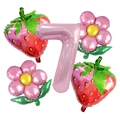 Kit 5 ballons fraise incluant chiffre 7 rose, fleurs et fraises en aluminium brillant - Combinaison Fraise Numéro 7