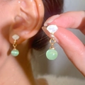 French luxury fan-shaped mother-of-pearl stud earrings with green cat-eye stone beads - 14K Gold Fan Green Bead (11349)