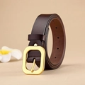 Women's dark brown genuine leather belt featuring a matte gold rectangular buckle - Coffee