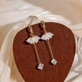 Elegant white petal drop earrings with gold chain tassels and iridescent crystal cubes - Gold Flower Aurora Crystal Style (E5602)