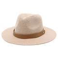 Detailed macro view of woven straw texture with brown leather band and gold studs - M (56-58cm) / Pink