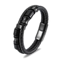 Men's double-wrap braided black leather bracelet with stainless steel magnetic clasp - All Black Multi-layer Braided