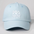 Close-up detail of DOG MOM text and paw print on light blue cotton baseball cap - One Size / Sky Blue