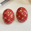 Vintage red enamel oval stud earrings with gold floral diamond pattern detail - 1.8*2.4cm / Red Floral Style (C Style)