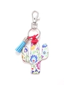 Floral print cactus keychain with blue tassel and red knot on a white background - White Colorful Floral Cactus/Blue Tassel