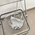 Detail of silver sequin shoulder bag with metal chain on minimalist interior background - Crossbody Handheld Style / Silver Sequin Horizontal Stripe