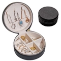 Portable round black PU travel jewelry box with zipper and ivory velvet lining storage - Black
