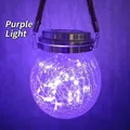 Solar crackle glass jar light with purple LED string and rustic hemp rope handle - 20 LED Purple Light