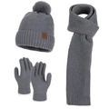 Winter gray knitted 3-piece set including warm pompom beanie, scarf and gloves - Gray