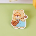 Cute cream yellow bear acrylic brooch with blue overalls and a tiny ukulele - Guitar Bear