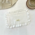 Close-up of white cotton placemat featuring delicate heart-shaped lace edges and Sozakka tag - White Placemat
