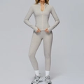 Light gray marl brushed yoga set with long sleeve zip top and high waist leggings - S / Top And Bottom / White Brown