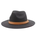Detail of black straw fedora hat featuring a camel leather band and gold rivet accent - M (56-58cm) / Black