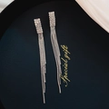 Silver square stud earrings featuring long metallic tassels and sparkling crystal pavé - Silver Snake Chain Tassel (41# Silver Earring Post)